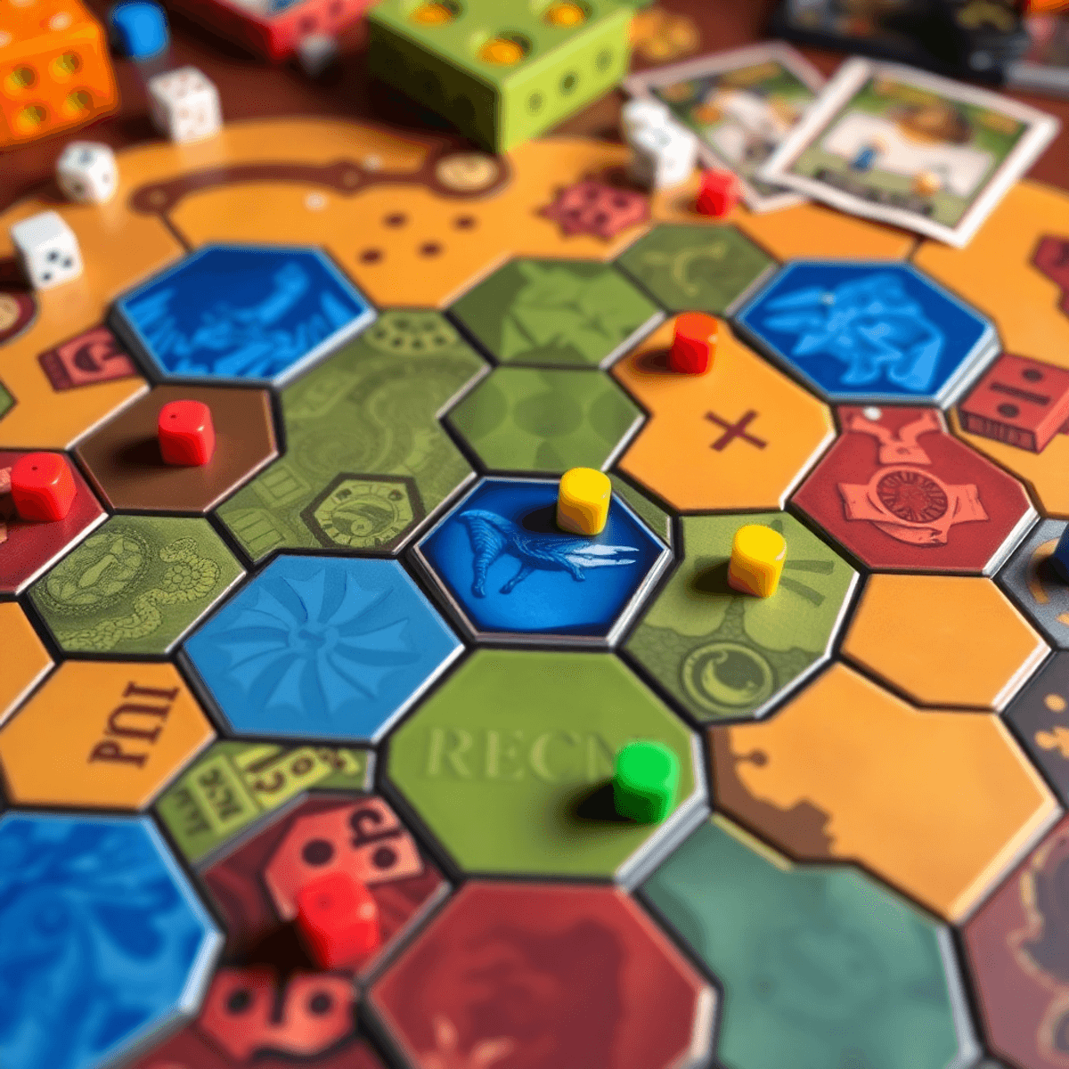 A modular board game setup with hexagonal tiles and colorful resource tokens