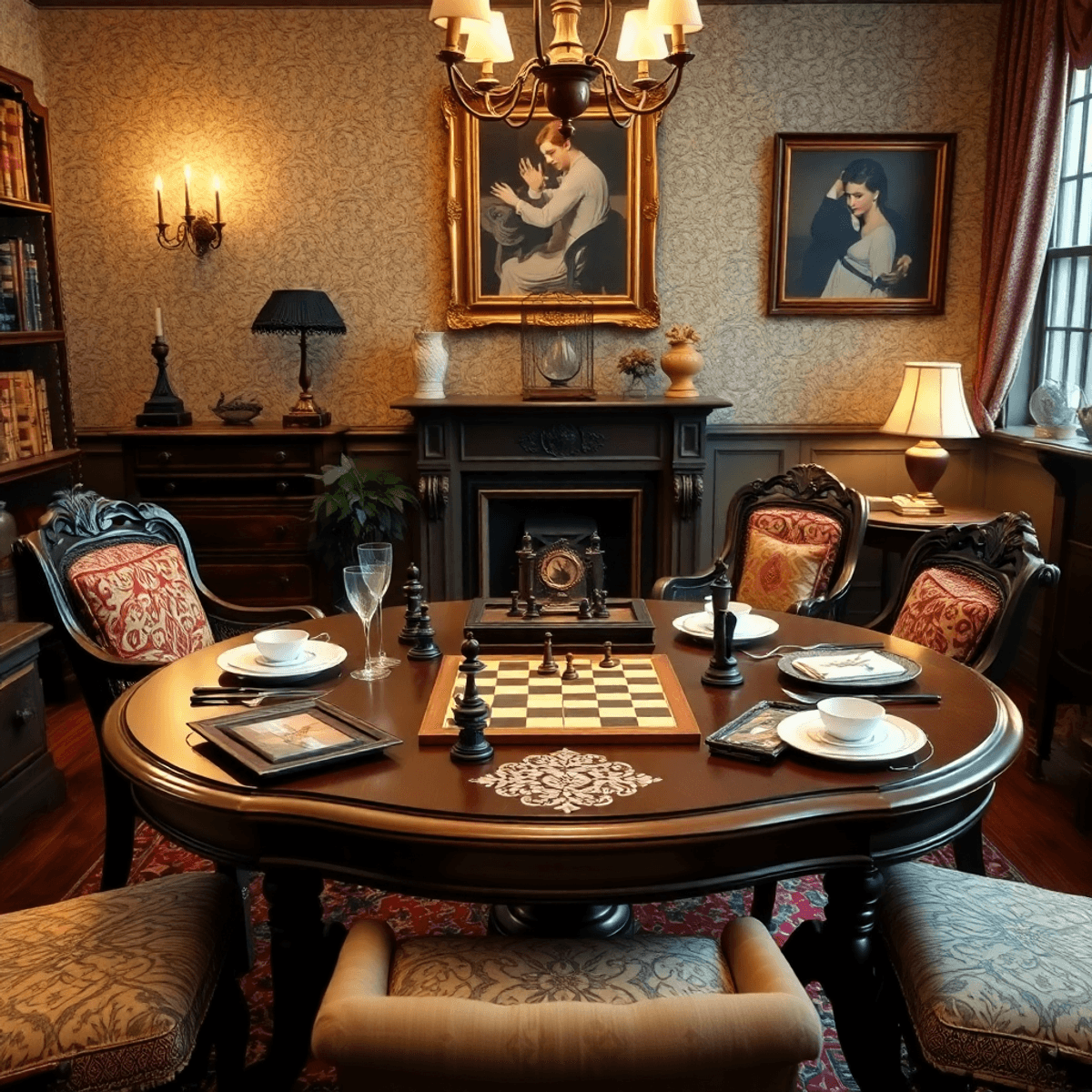 A vintage parlor with a beautifully set table featuring classic board games