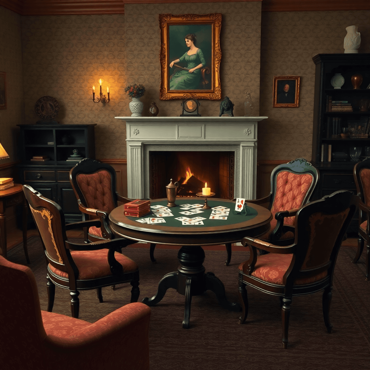 A cozy Victorian parlor featuring a vintage card table