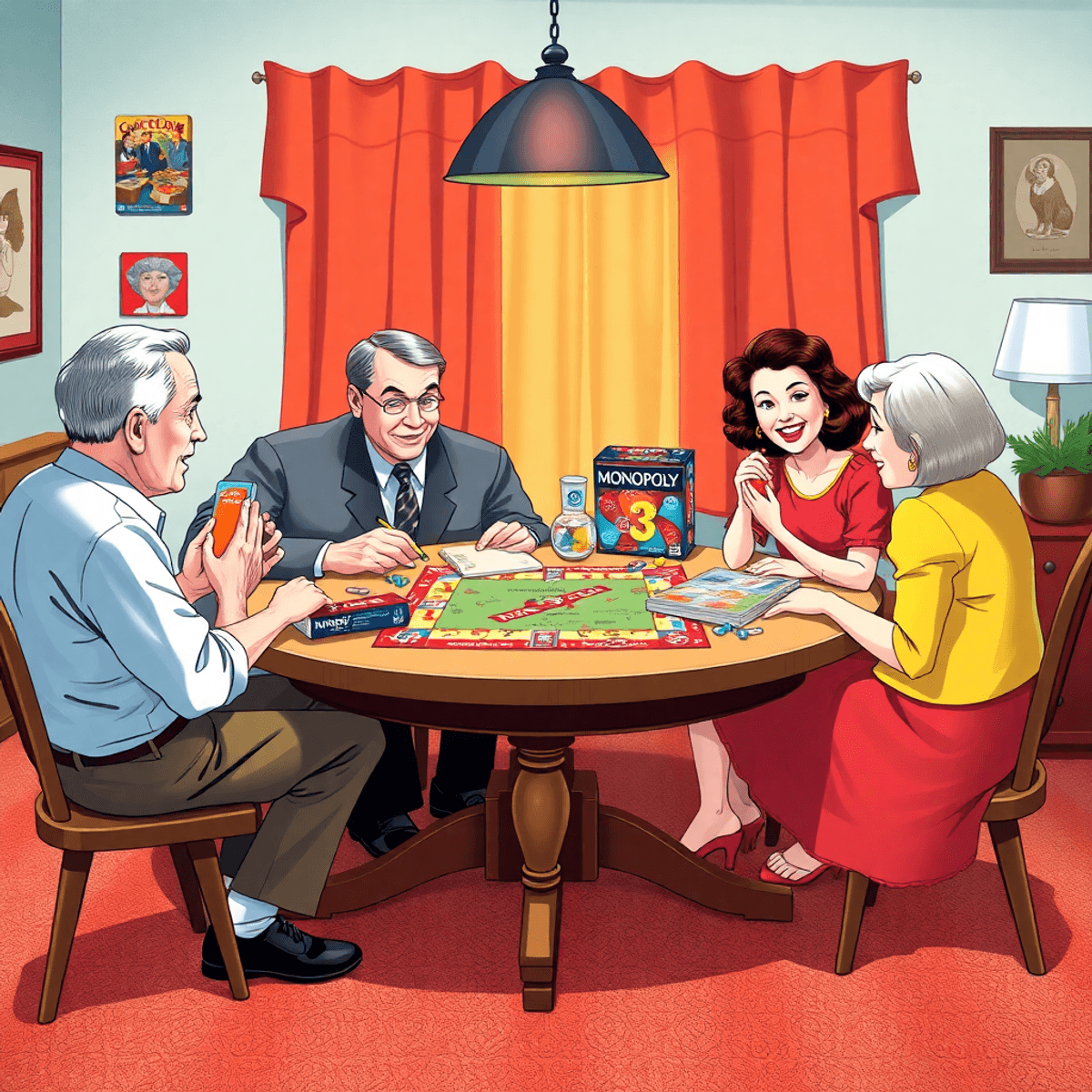 A nostalgic illustration of a family playing classic board games from the 1950s