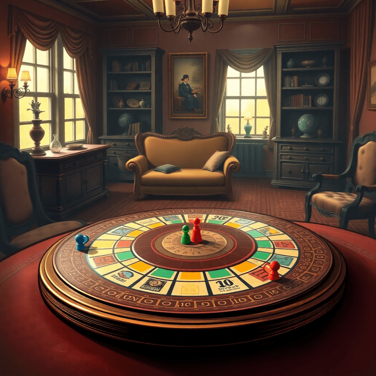 A vintage illustration of a Victorian-era board game with a round board