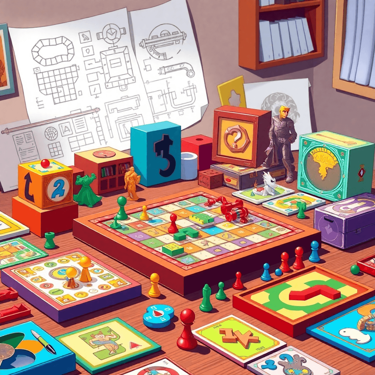 A vibrant illustration of various board games on a table