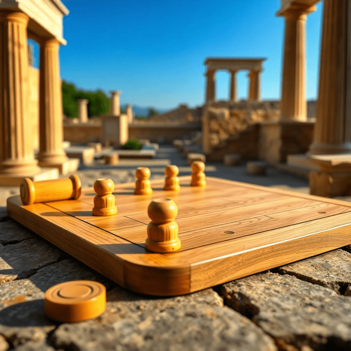 An ancient Greek board game setup with a wooden board and carved pessoi pieces