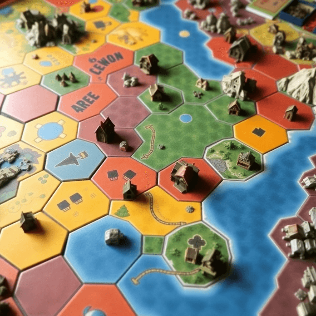 A detailed medieval board game with colorful hex tiles and small settlement pieces