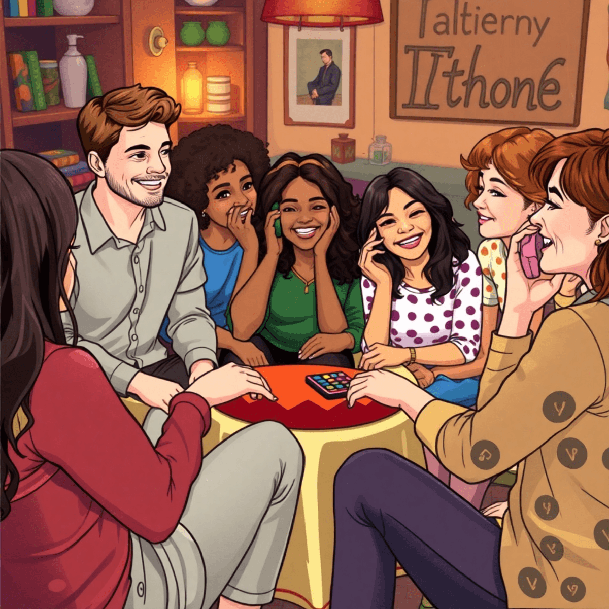 A group of friends sitting in a circle, smiling and whispering during a telephone game in a cozy, colorful party setting