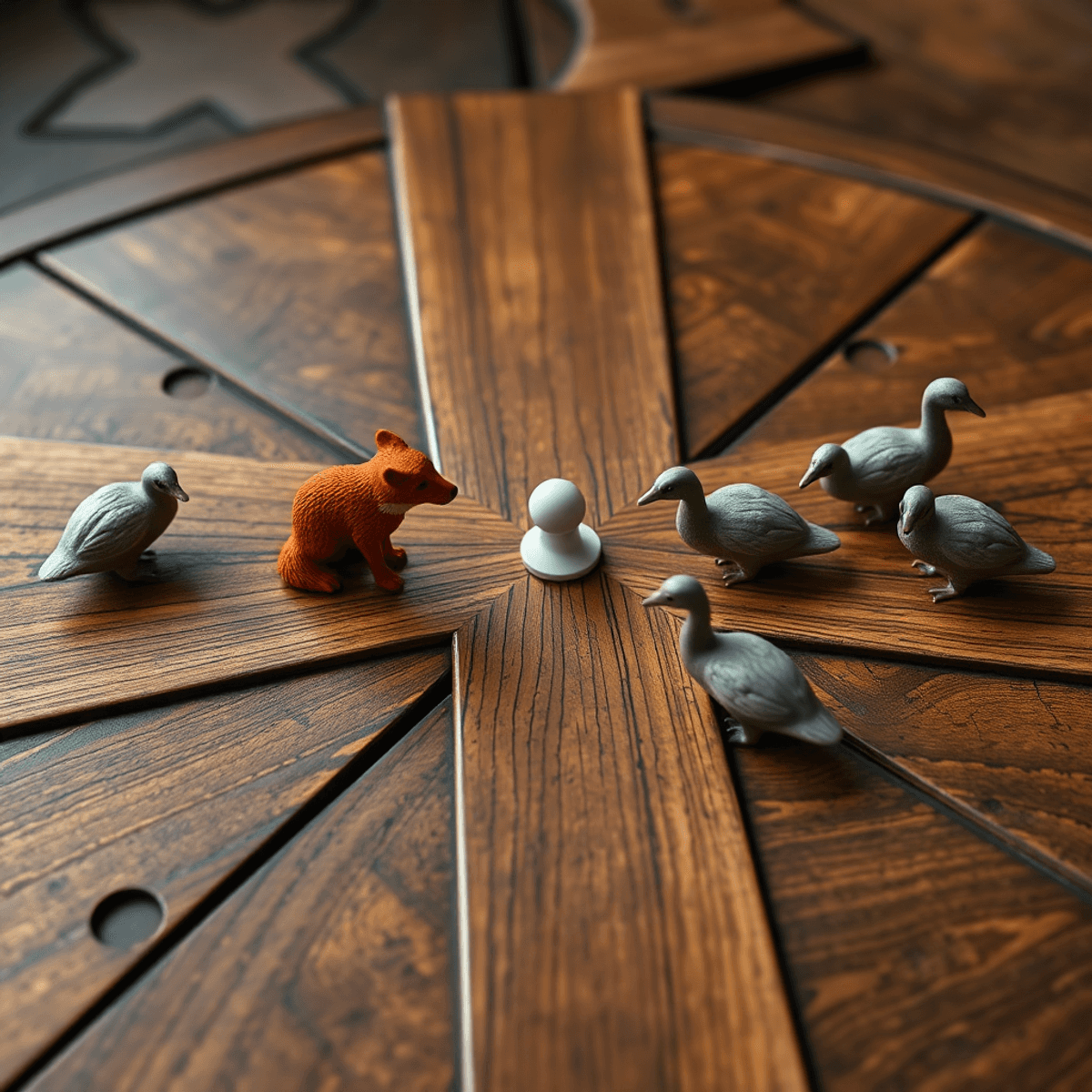 A realistic medieval-style board game with a lone fox piece facing multiple geese pieces