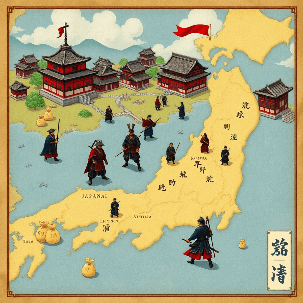A vibrant, detailed map of feudal Japan