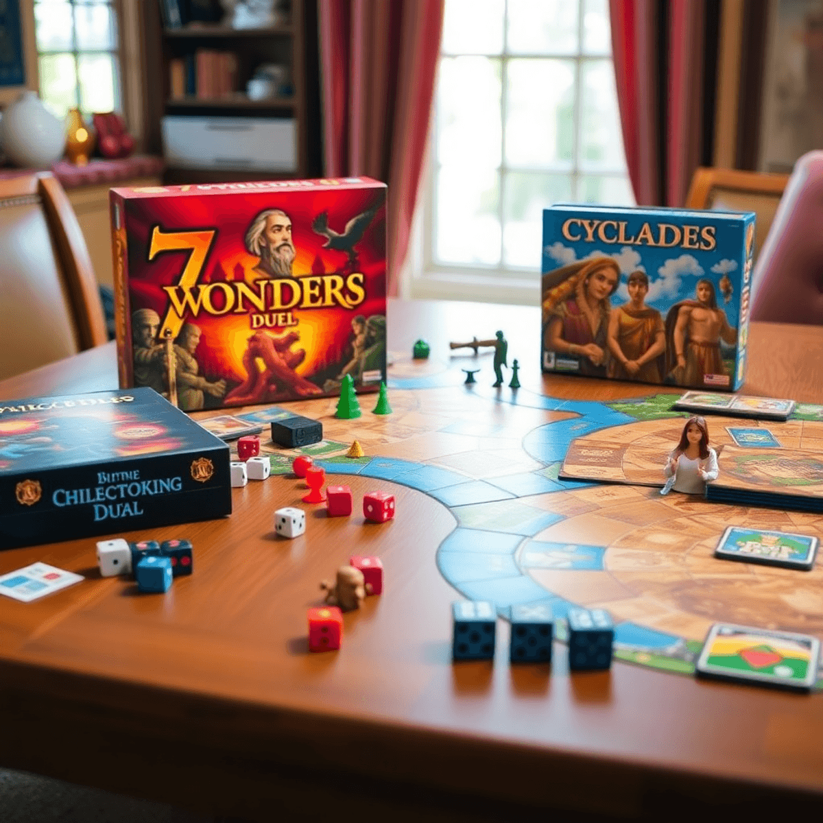 Board game setup with 7 Wonders Duel and Cyclades