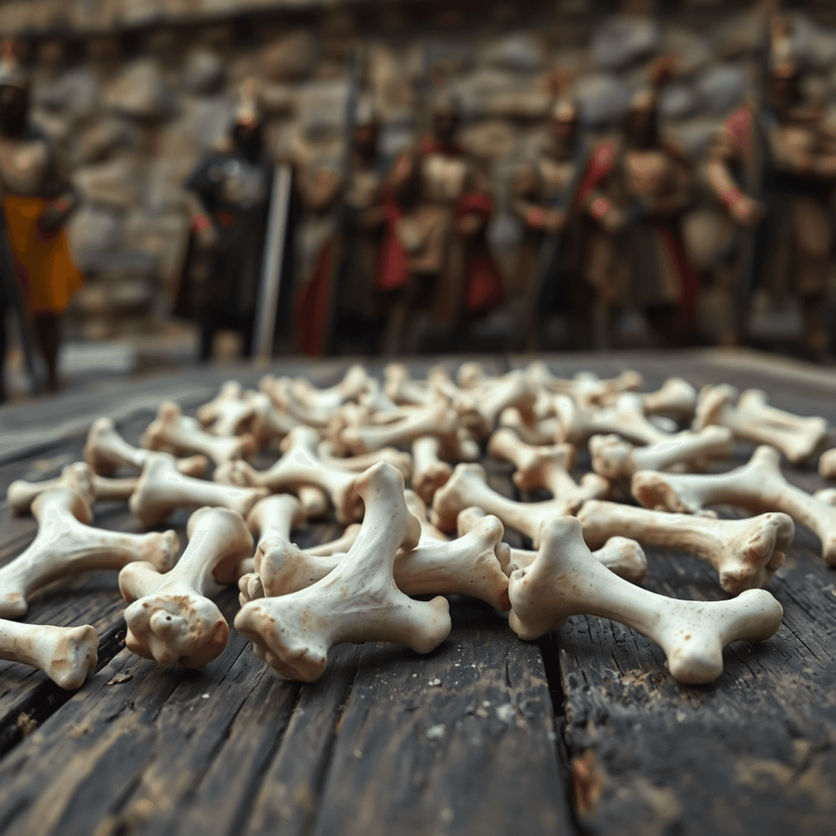 Close-up of ancient Roman knucklebones scattered on rustic wood
