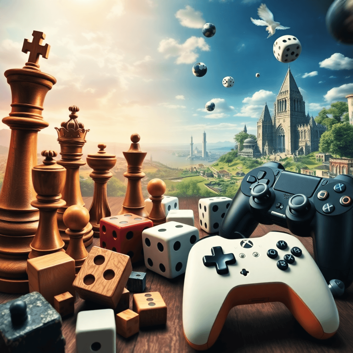Collage of ancient game pieces like chess pawns and dice blending into modern video game controllers and digital landscapes