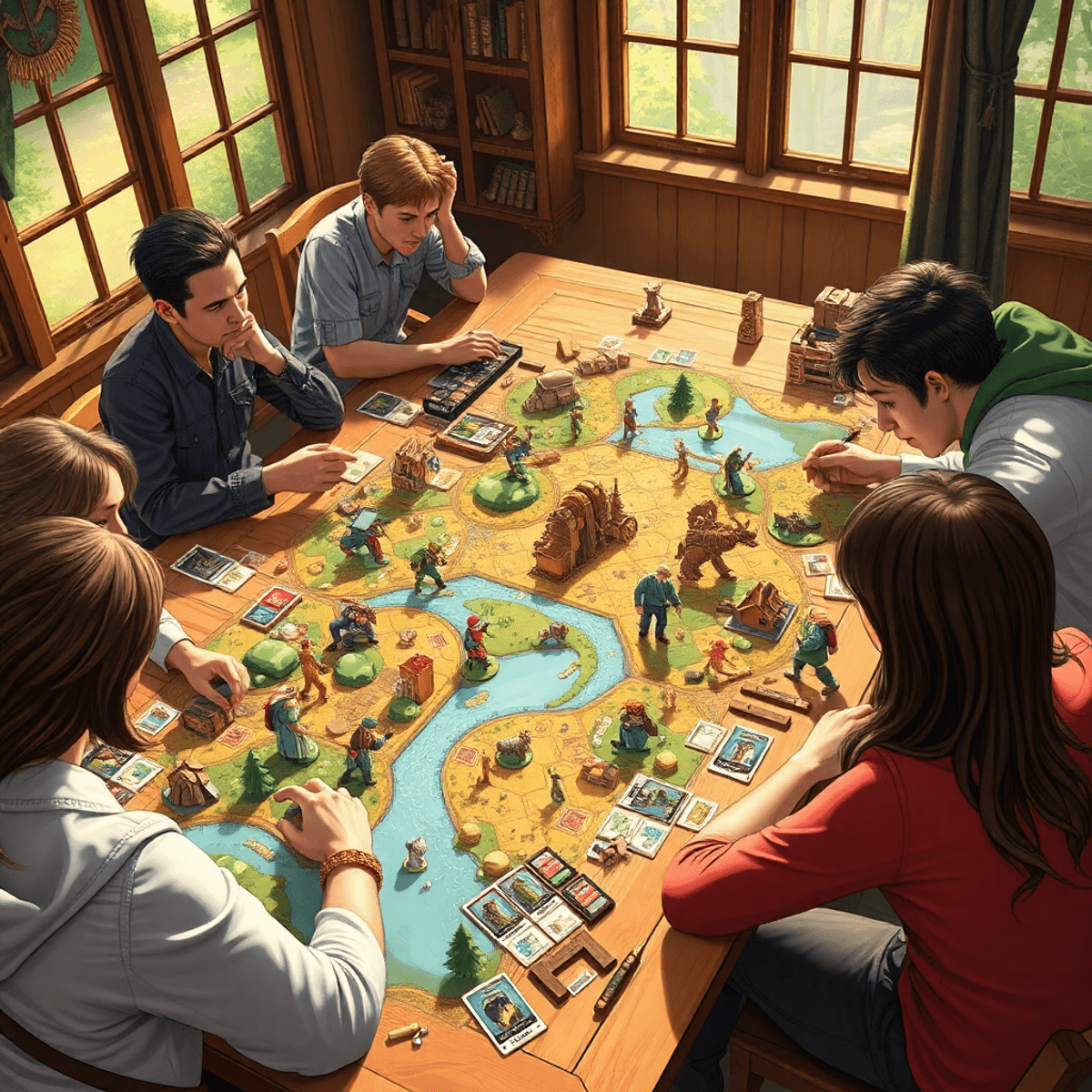 Colorful illustration of people playing Everdell