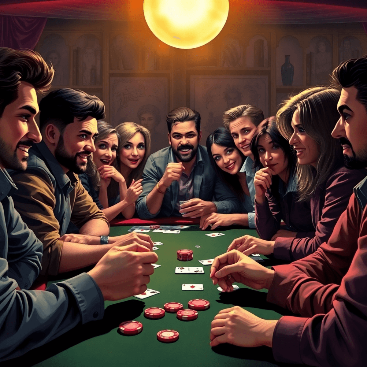 Friends around a table playing a bluffing card game