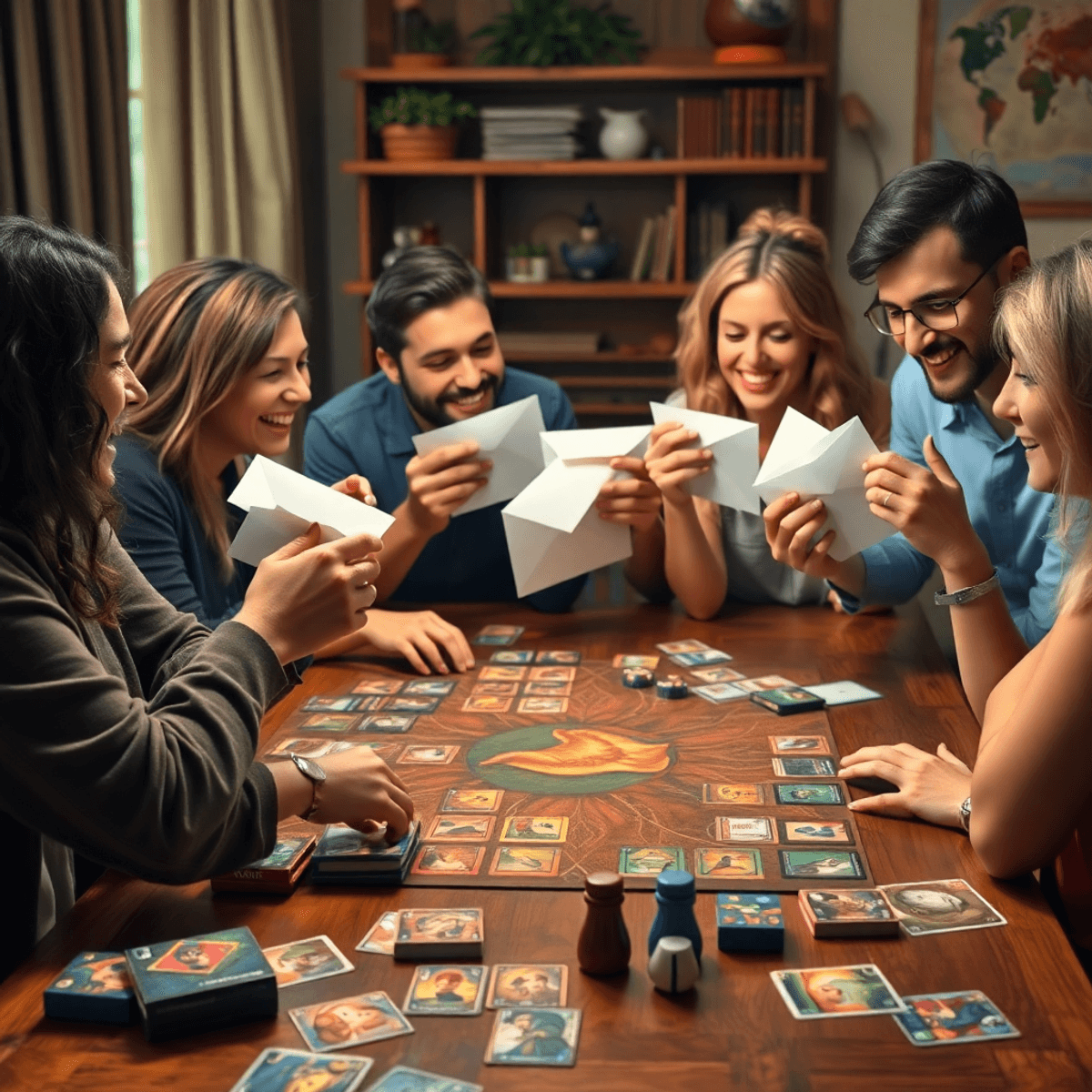 Friends gathered around a table opening sealed envelopes