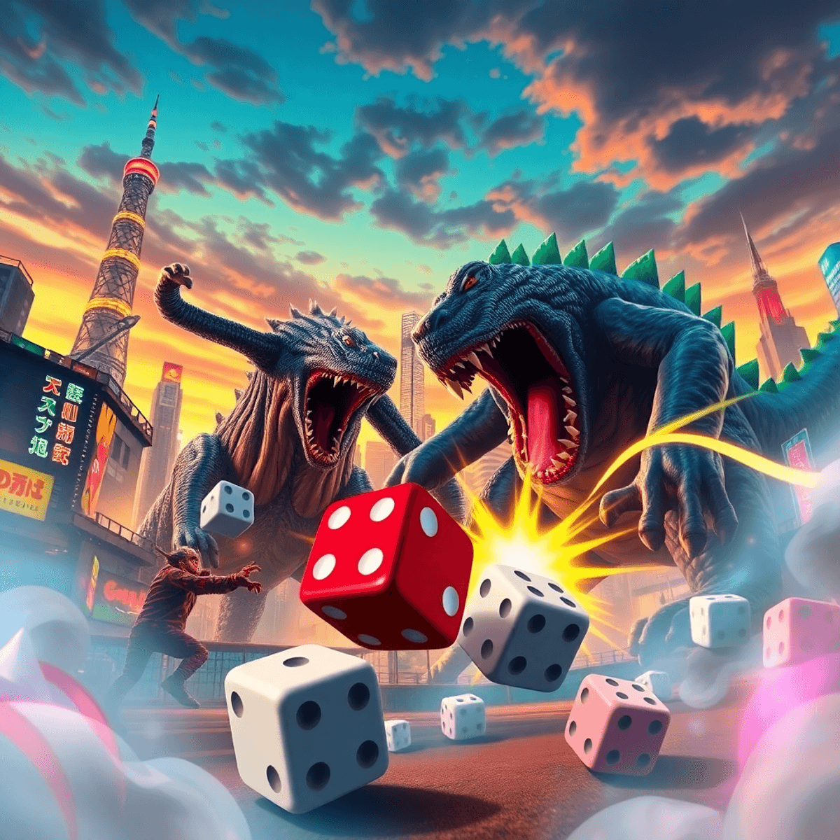 Giant colorful kaiju monsters battling in a vibrant Tokyo cityscape