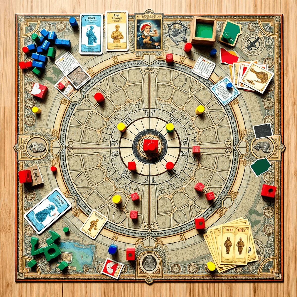 Top-down view of a modern strategic board game