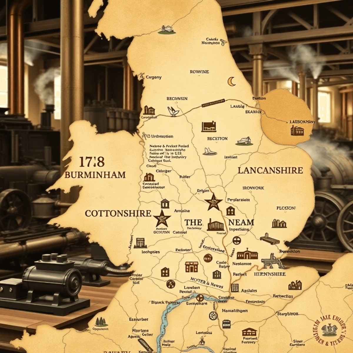 Vintage 18th-century map of England highlighting Birmingham and Lancashire