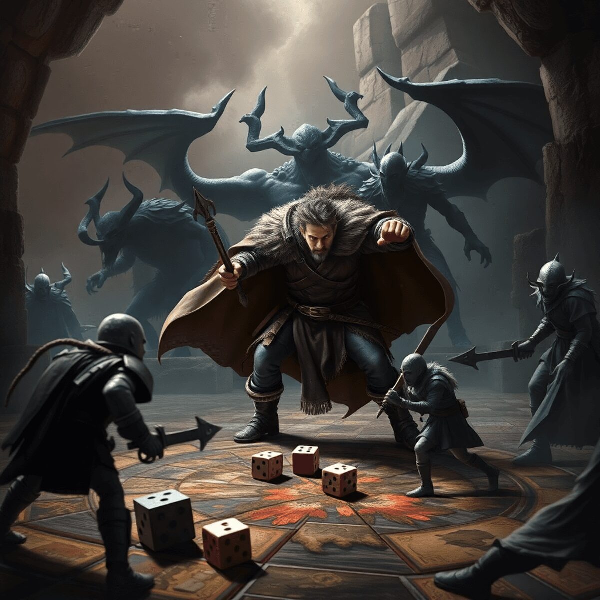 A brave warrior confronts shadowy demons in a dark dungeon