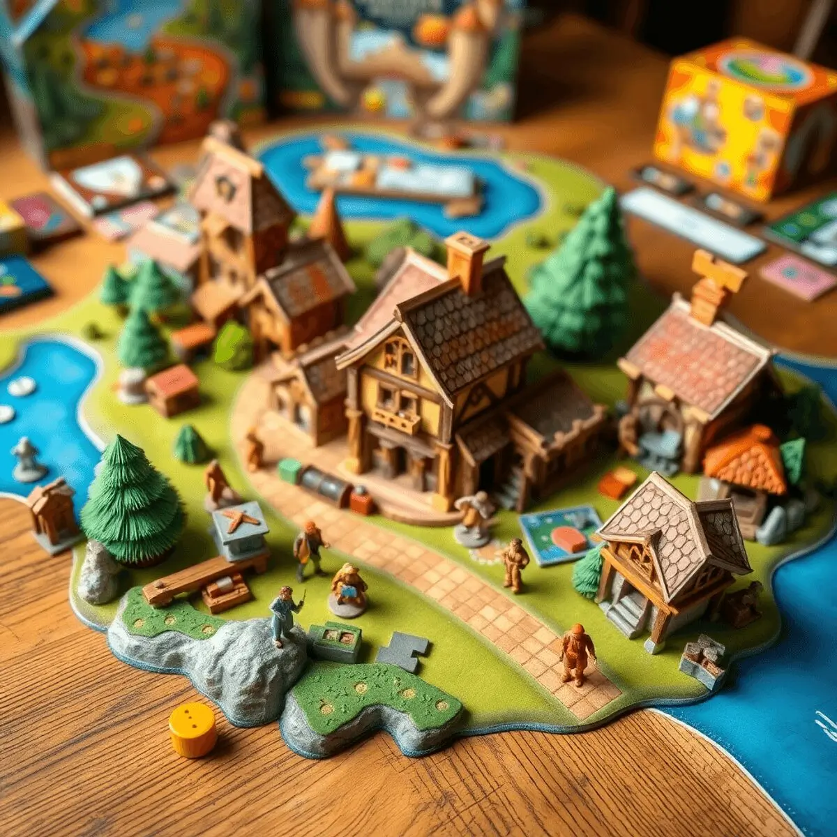 A warm-lit tabletop with cards, character sheets, and tokens