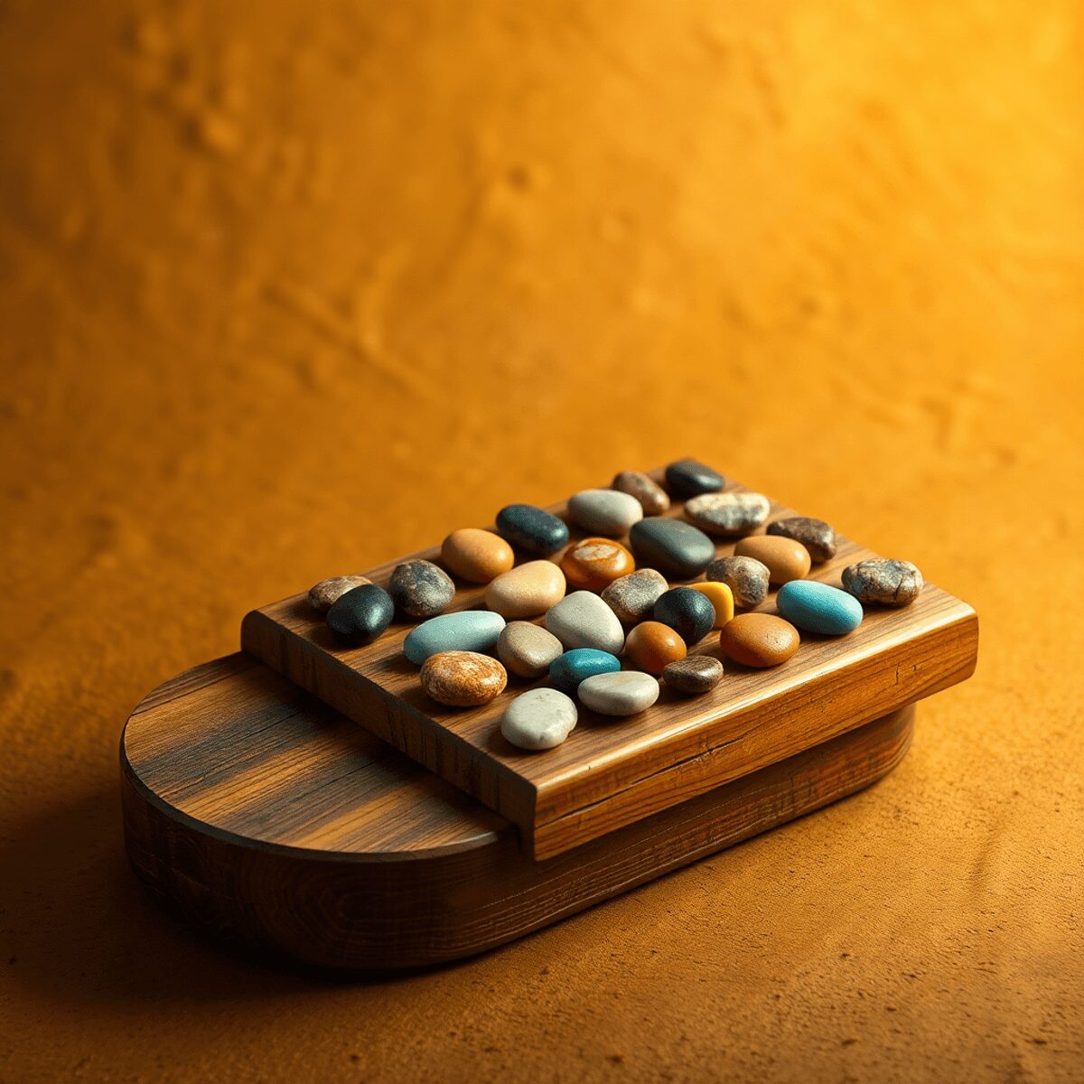 Traditional wooden Mancala board with colorful stones on a warm, textured background
