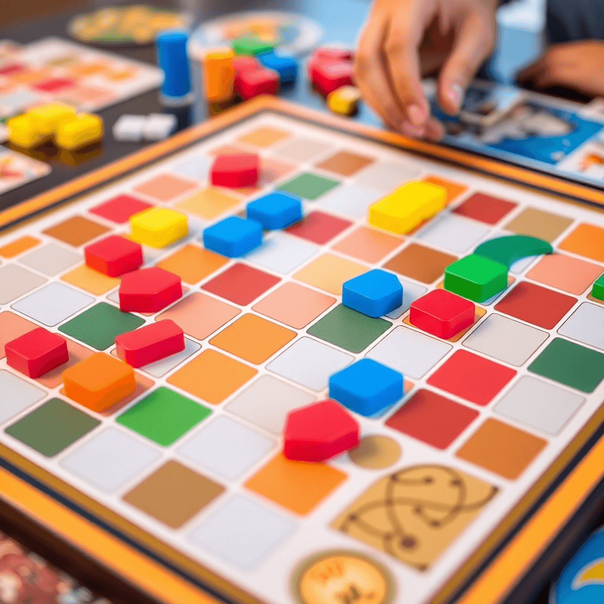 A realistic scene of colorful polyomino tiles arranged on a grid in a modern tabletop setting