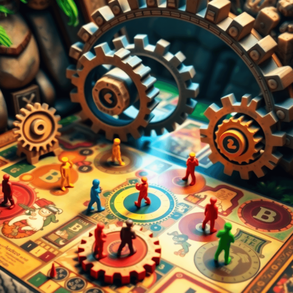 A vibrant board game with interconnected rotating gears and colorful tokens on action spaces