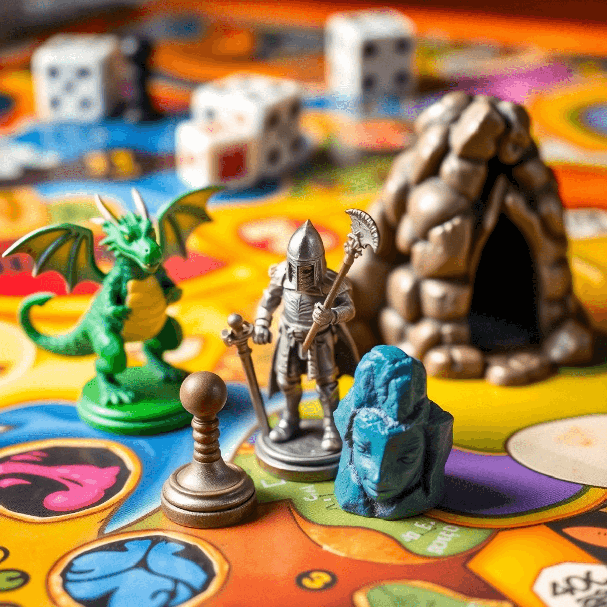 A vibrant tabletop gaming scene with dragon, knight, and cave game pieces
