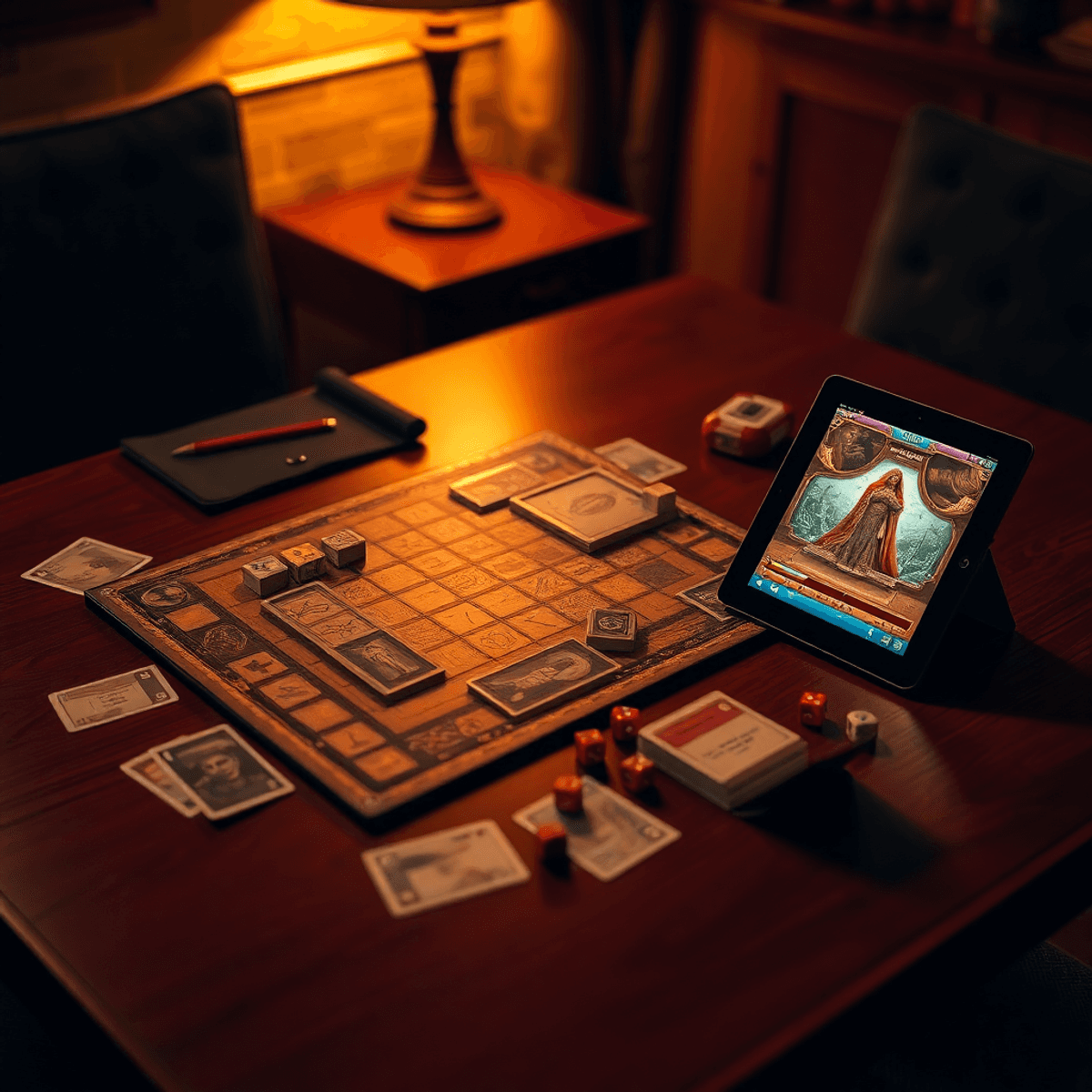 Cozy gaming table with board game, cards, dice, and tablet showing a digital game