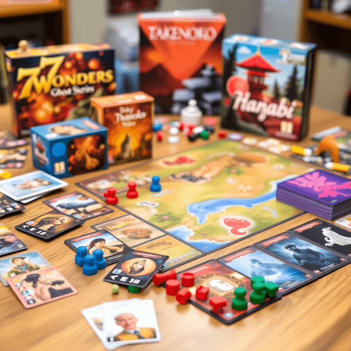 A colorful board game setup with cards, tokens, and pieces on a wooden table
