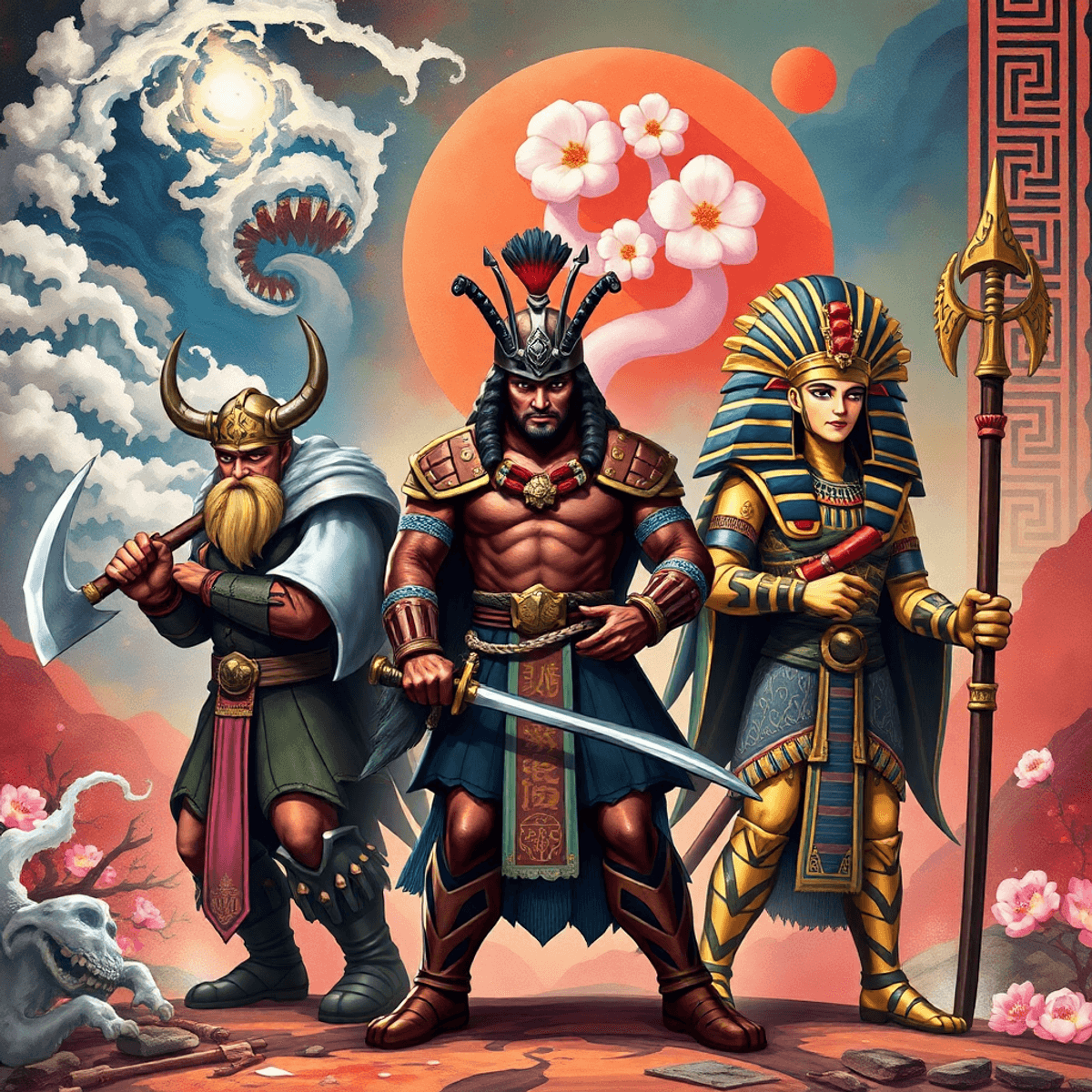 A fierce Viking warrior, poised samurai, and imposing Egyptian god stand amid swirling storms