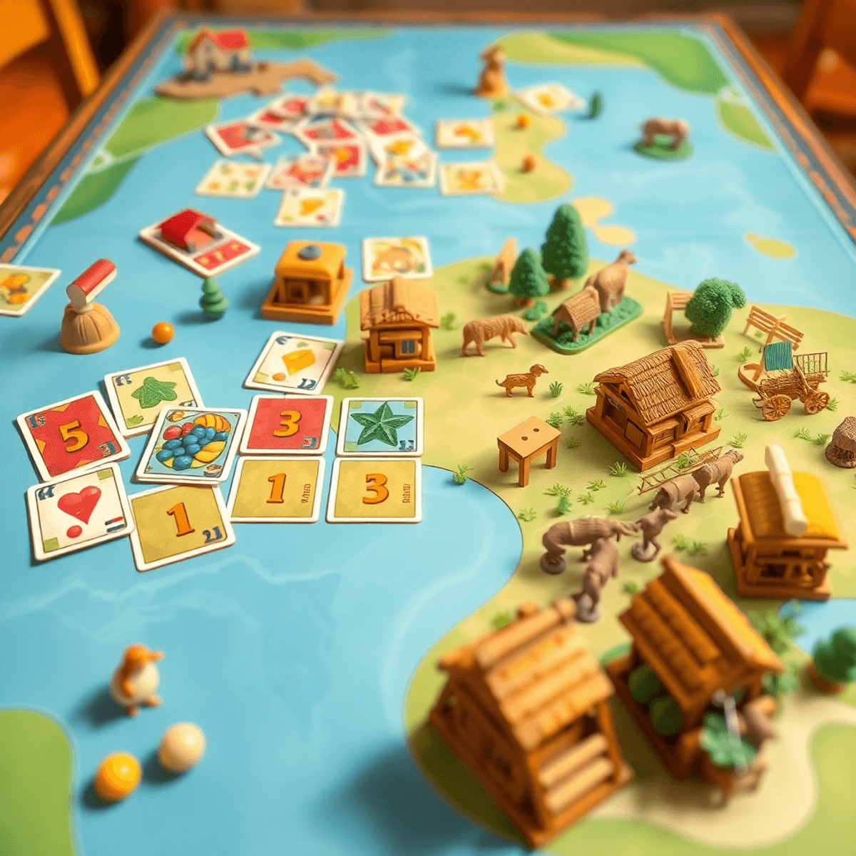 A realistic illustration of a board game table with colorful bean cards and detailed farming miniatures