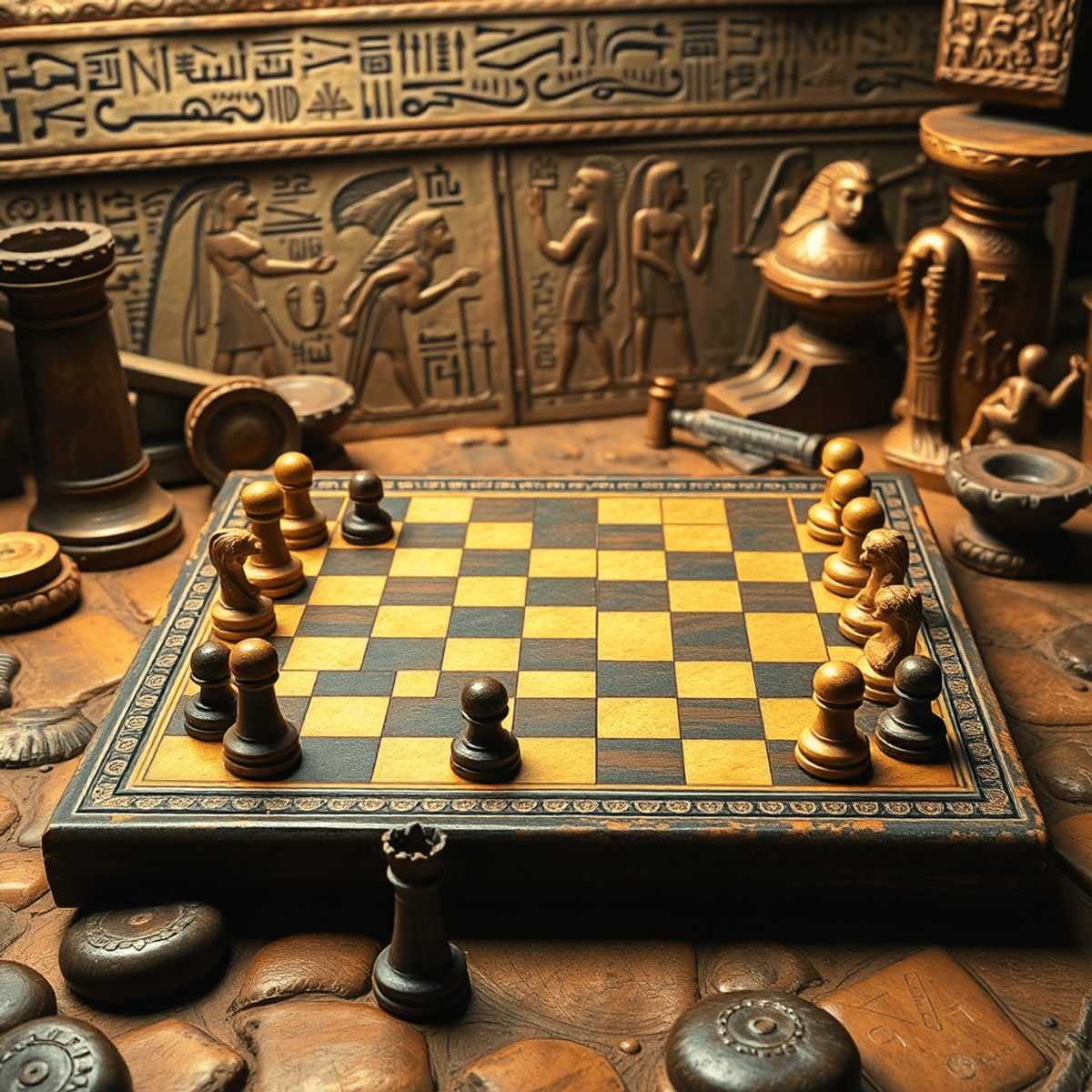 Checkers board with classic pieces on a table surrounded by hieroglyphics