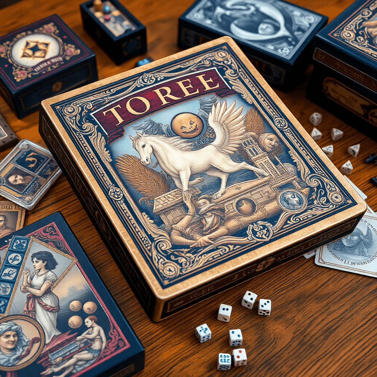 Close-up of a vintage board game box with detailed artwork