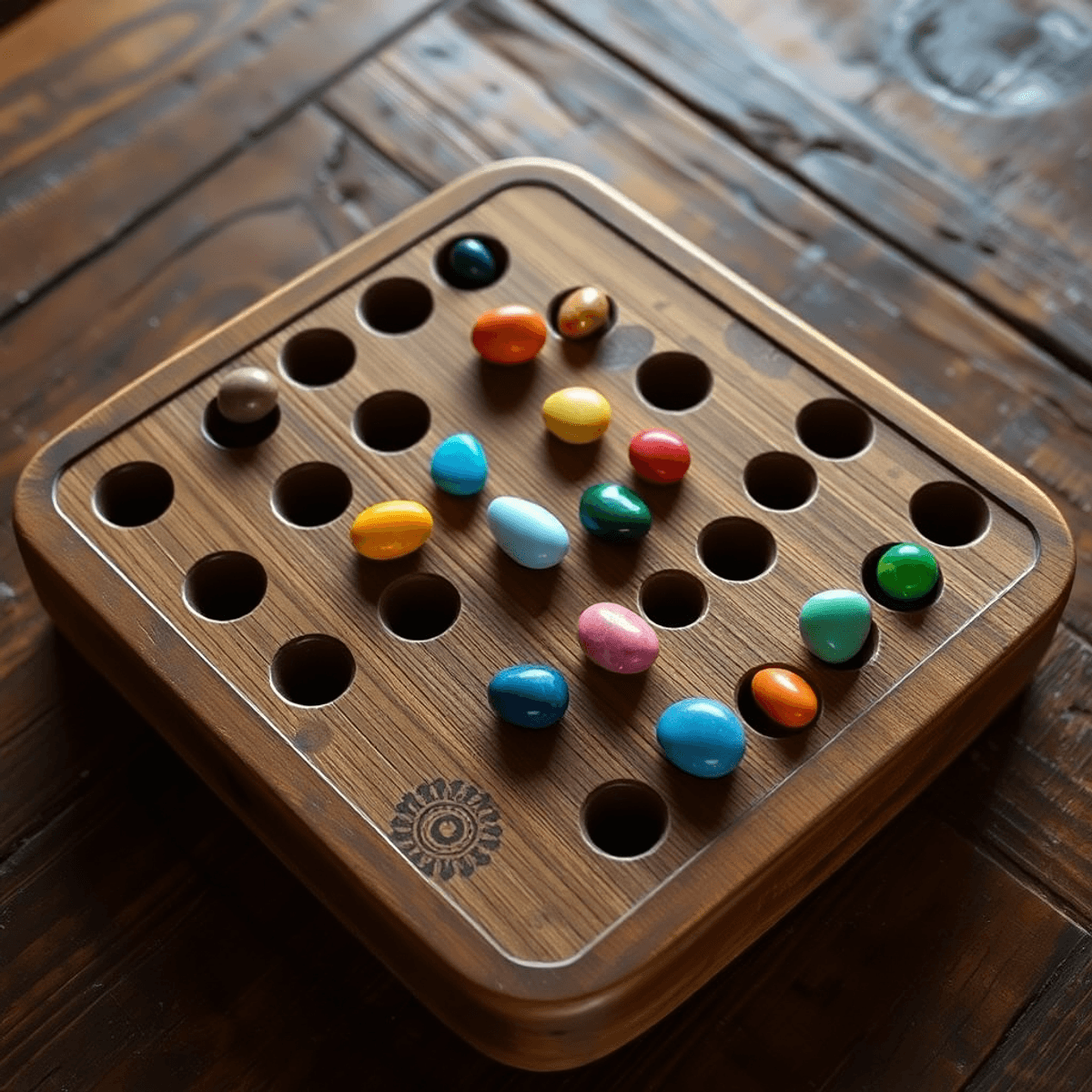 Traditional wooden Mancala board with colorful stones arranged in pits on a rustic table
