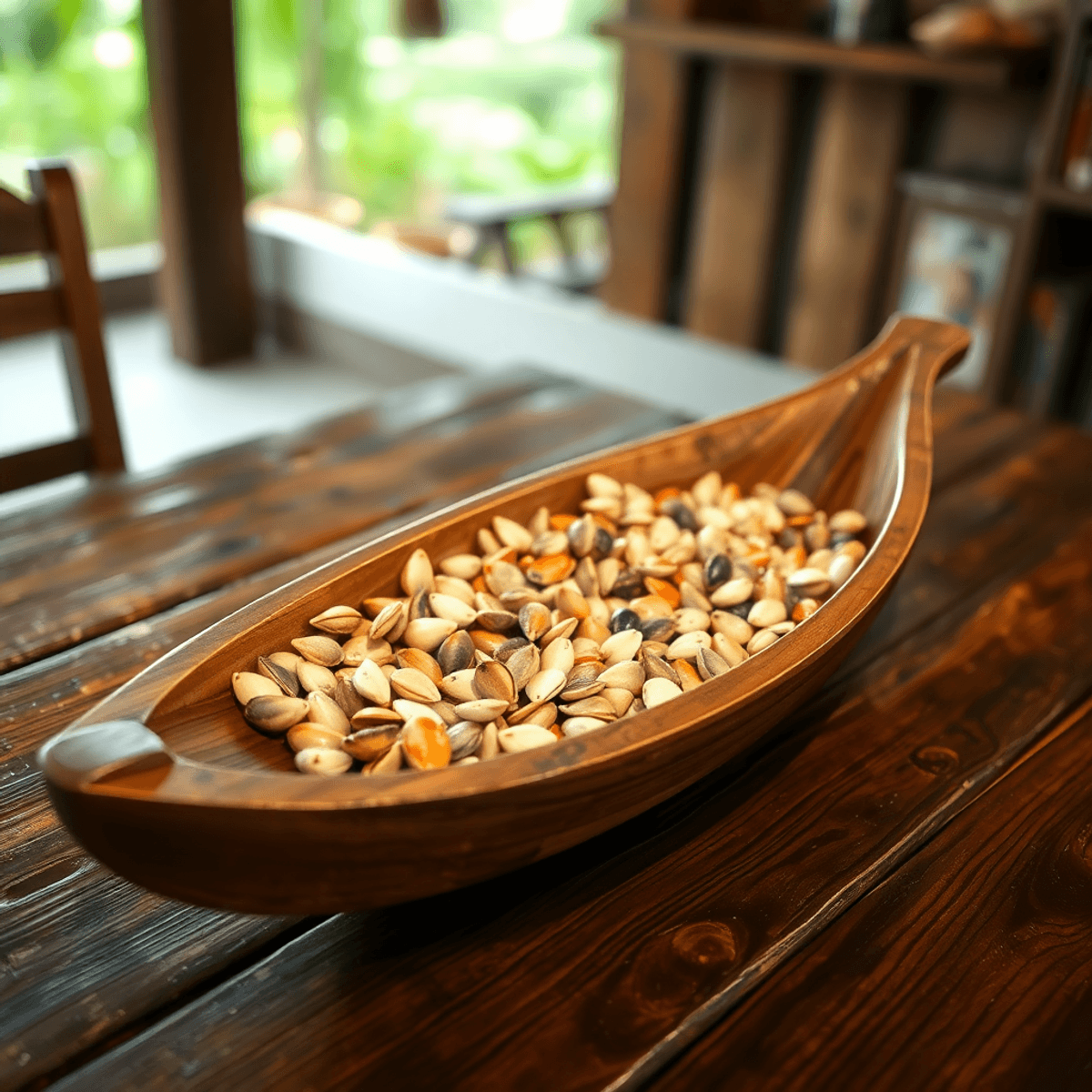 Traditional wooden Sungka board shaped like a boat, filled with colorful shells