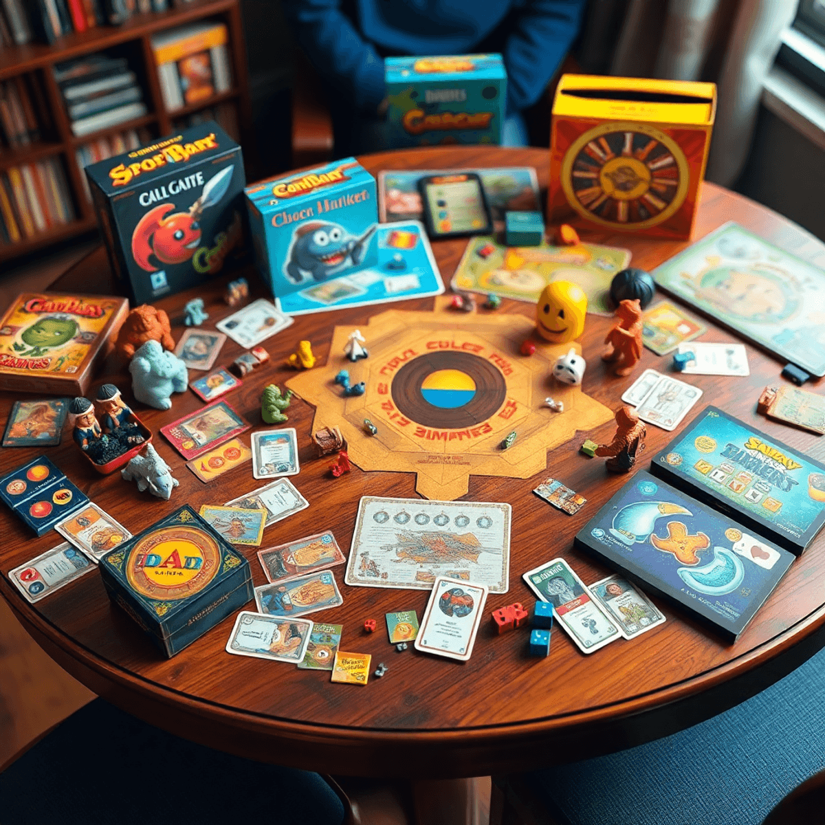 A cozy wooden table filled with colorful board games