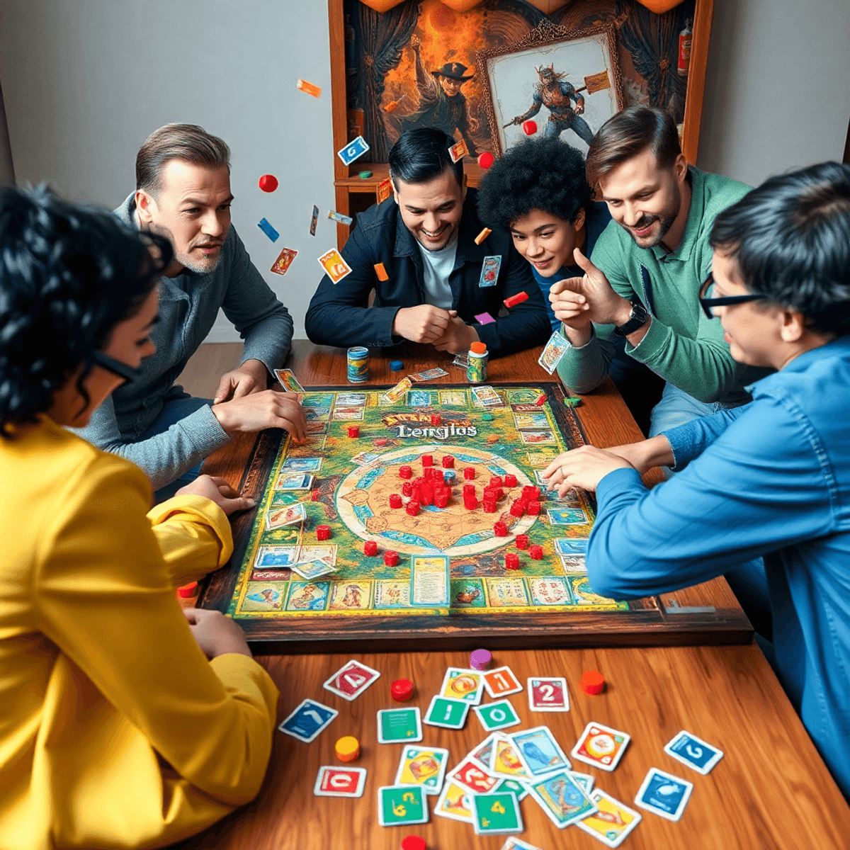A lively group playing a board game around a wooden table with colorful pieces, cards, and tokens