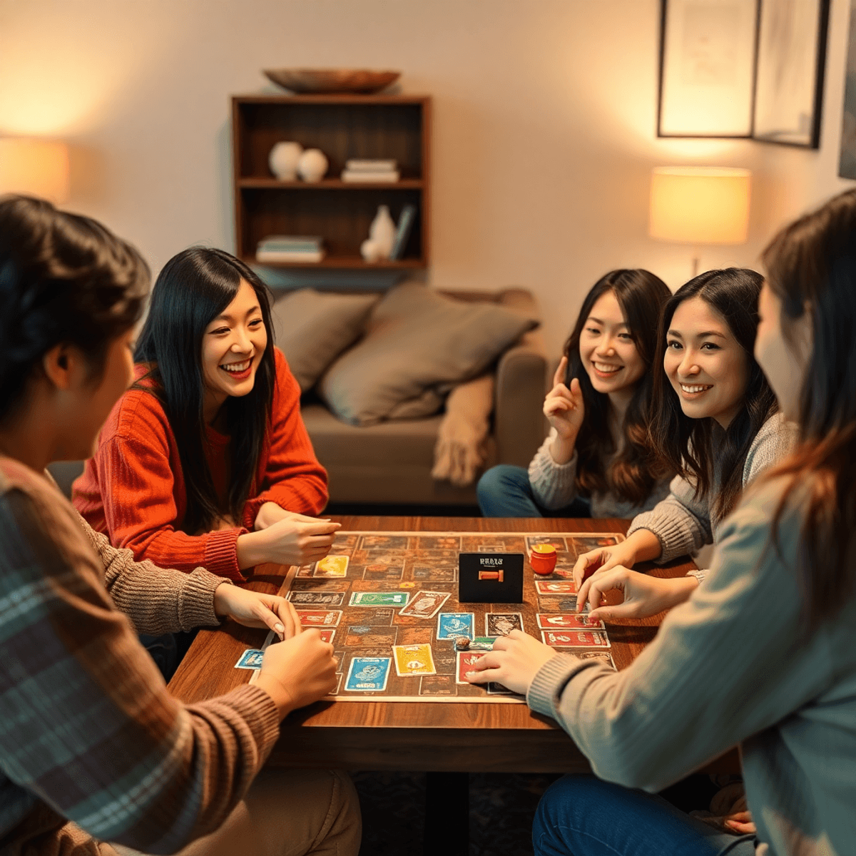 Friends gathered around a table playing colorful board games in a warm, softly lit living room